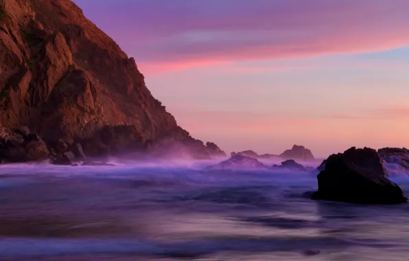 Картинка пляж, закат, скала, камни, океан, california, сумерки, калифорния