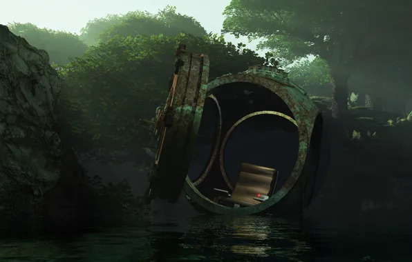 Лес, капсула, водоём, batyscaaf, Alien adrift