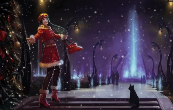 Картинка зима, кошка, девушка, снег, ночь, луч, арт, фонари