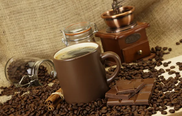 Кофе, шоколад, зерна, чашка, банка, корица, коричневая, кофемолка