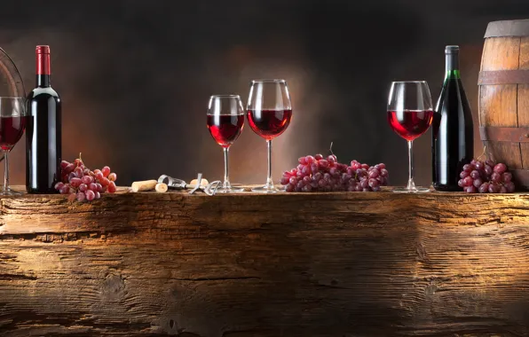 Картинка вино, красное, бокалы, виноград, бутылки, гроздья, бочонки