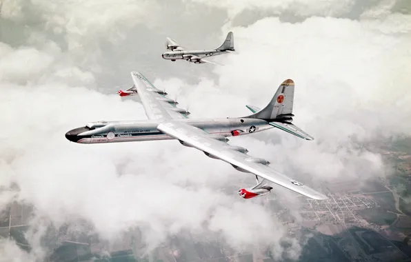 Картинка небо, облака, земля, поля, два, бомбардировщики, самолёта, b-29