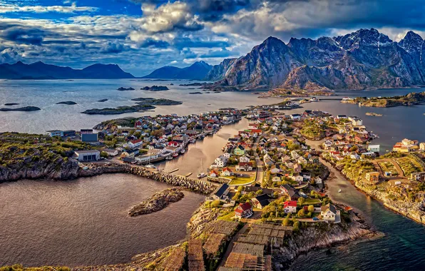 Острова, горы, дома, деревня, Норвегия, панорама, Norway, фьорд