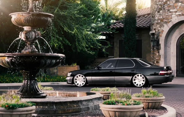 Lexus, фонтан, black, особняк, rear