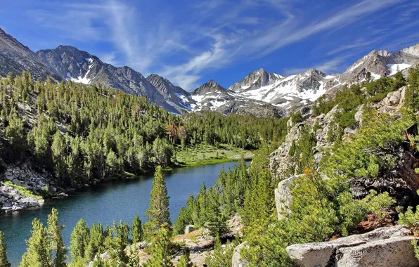 Картинка лес, горы, озеро, Калифорния, California, Little Lakes Valley, John Muir Wilderness, Long Lake