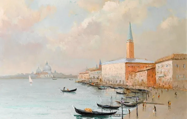 Картинка море, пейзаж, город, башня, дома, картина, лодки, Италия