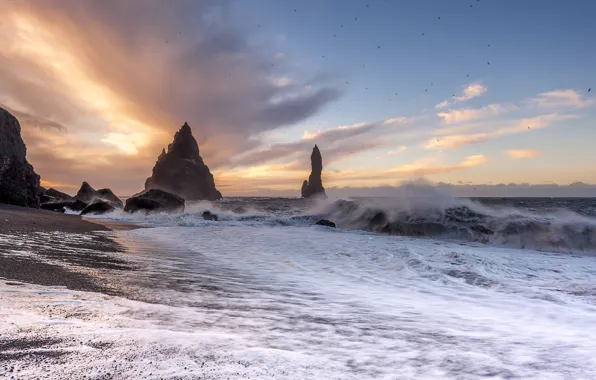 Волны, закат, шторм, океан, скалы, побережье, Исландия, Iceland