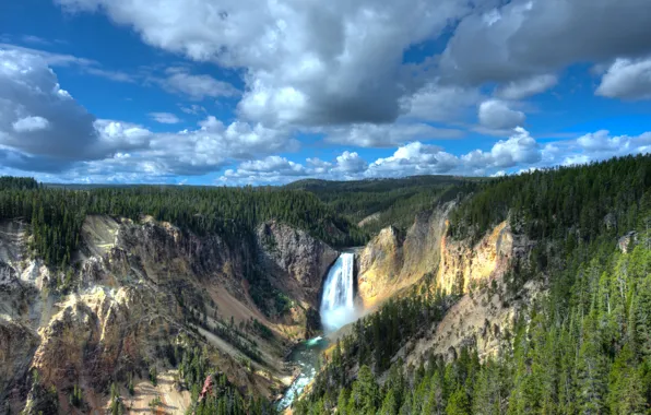 Картинка лес, пейзаж, природа, скалы, водопад, каньон, Wyoming, национальный парк