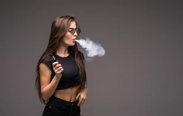 Картинка wall, smoking, woman, young, gray, sunglasses, vape, wearing