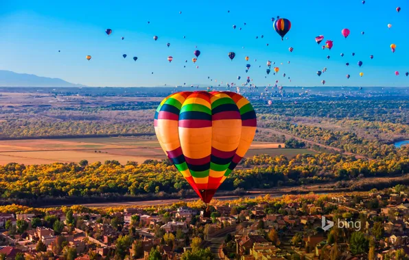 Картинка деревья, воздушный шар, река, панорама, США, Нью-Мексико, Albuquerque International Balloon Fiesta