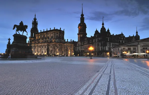 Небо, дома, вечер, Германия, Дрезден, площадь, памятник