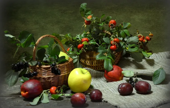 Картинка яблоки, шиповник, натюрморт, сливы, арония
