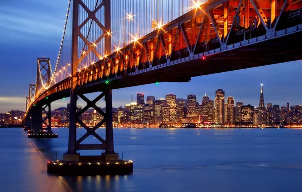 Ночь, город, огни, пролив, вечер, подсветка, залив, Сан-Франциско