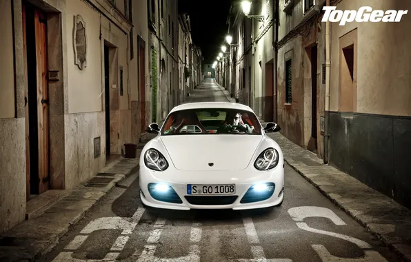 Картинка белый, ночь, Porsche, фонари, Cayman, суперкар, переулок, порше