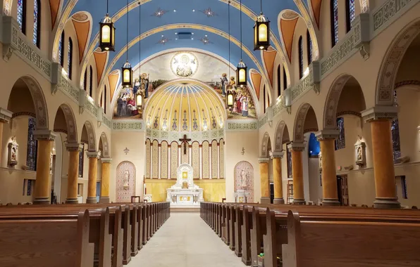 Интерьер, колонны, алтарь, росписи, Оклахома, Oklahoma City, Оклахома-Сити, Cathedral of our Lady of Perpetual Help