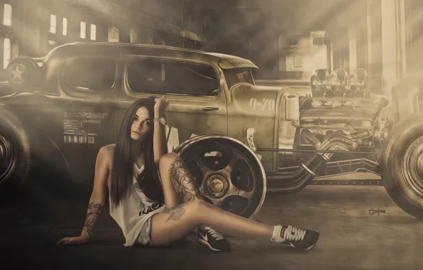 Картинка Sitting, Smoke, Views, Shorts, Engine, Girl, Shirt, Wheels