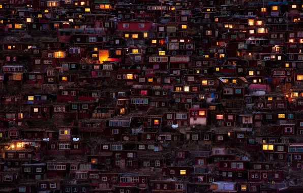 Картинка свет, город, огни, дома, вечер, Китай, трущобы
