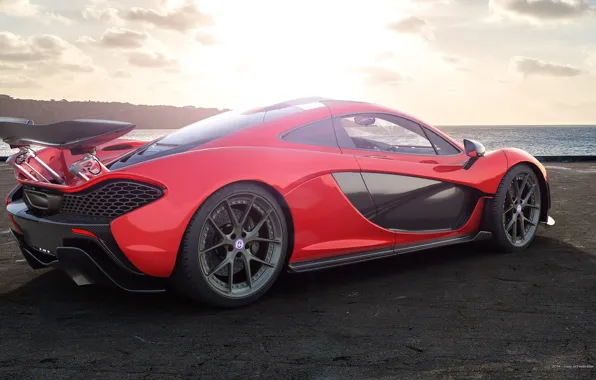 Картинка McLaren, Red, Sun, Sunset, Sunrise, Sea, Supercar, Rear