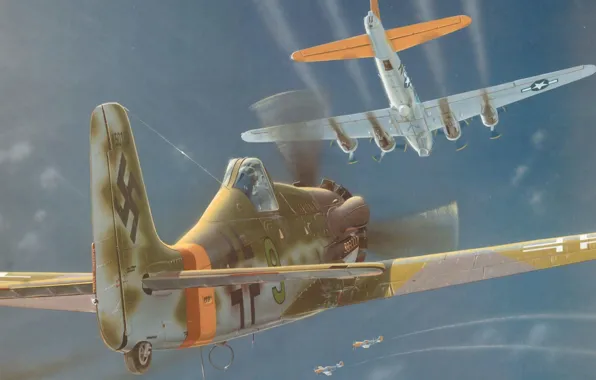 Рисунок, арт, B-17, люфтваффе, Focke-Wulf, перехват, немецкий высотный перехватчик, Ta 152 H-1