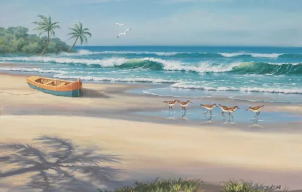 Картинка море, пляж, лодка, картина, живопись, painting, Sung Kim