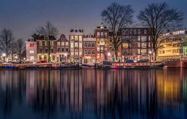 Ночь, hdr, канал, Amsterdam