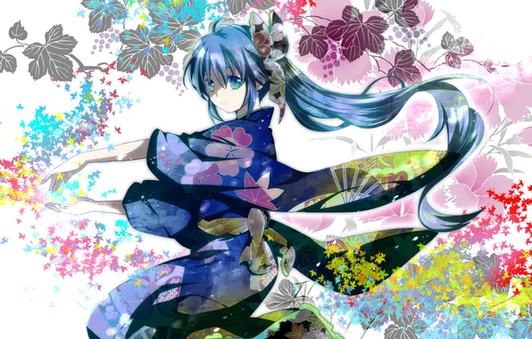 Картинка девушка, цветы, арт, кимоно, Hatsune Miku, Vocaloid, mariwai, marireroy
