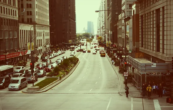 Картинка машины, город, движение, люди, улица, небоскребы, Чикаго, Иллиноис