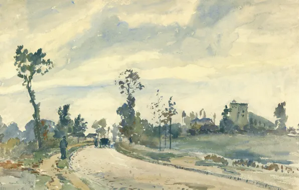 Рисунок, акварель, Камиль Писсарро, Лувесьен. Улица Сен-Жермен