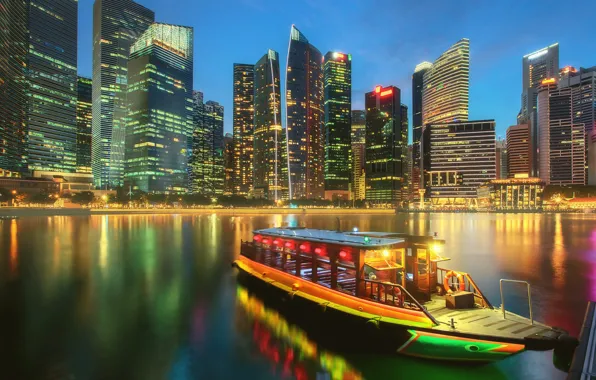Лодка, здания, дома, залив, Сингапур, ночной город, небоскрёбы, Singapore