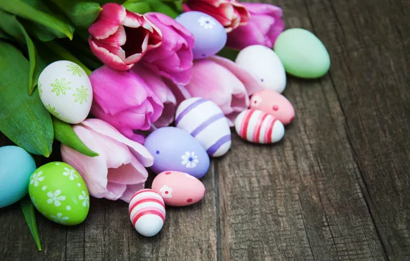 Цветы, яйца, весна, colorful, Пасха, тюльпаны, happy, wood