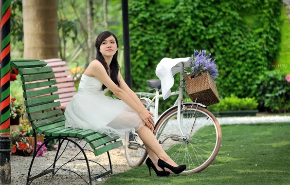 Картинка девушка, цветы, велосипед, азиатка
