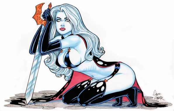Взгляд, оружие, меч, арт, плащ, белые волосы, Lady Death, Леди Смерть