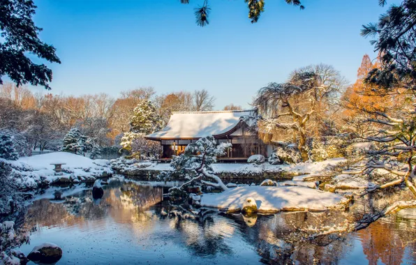 Картинка зима, деревья, дом, пруд, парк, Филадельфия, Пенсильвания, Pennsylvania