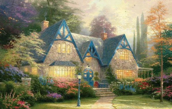 Картинка цветы, дом, сад, фонарь, живопись, коттедж, усадьба, Томас Кинкейд