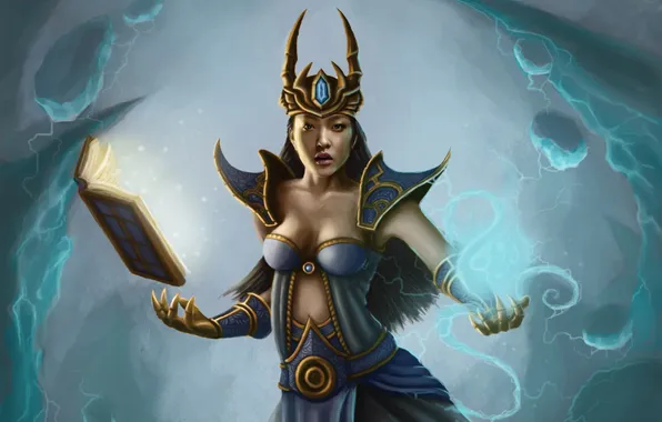 Девушка, магия, корона, арт, маг, книга, Diablo III, Wizard