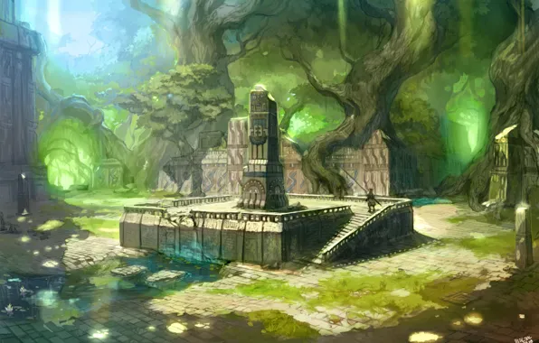 Картинка трава, вода, деревья, воин, копейщик, обелиск, джунгли. руины