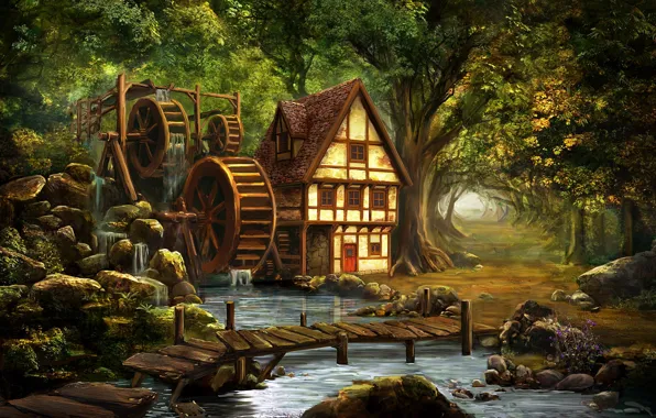 Картинка деревья, природа, камни, рендеринг, речка, мостик, водяная мельница, сказочный лес