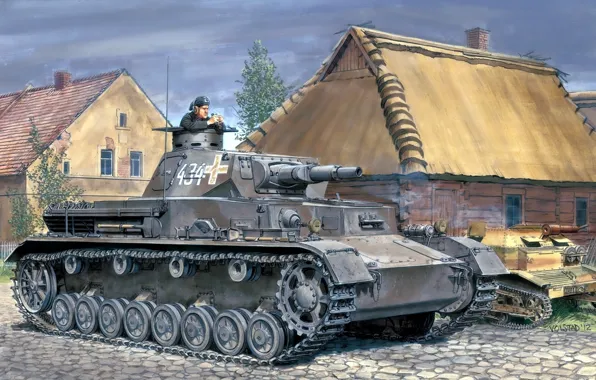 Рисунок, дома, танкист, вермахт, панцер 4, средний танк, Ron Volstad, Польша 1939 год