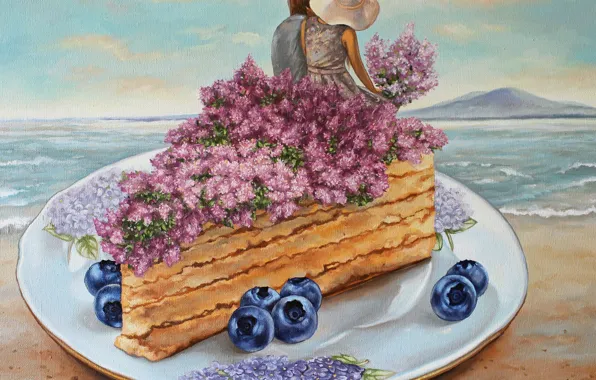 Картинка море, девушка, цветы, черника, тарелка, торт, мужчина, влюбленные