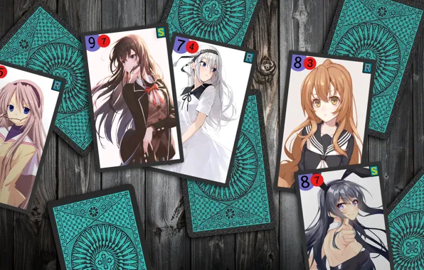 Карты, девушки, кроссовер, Yukino Yukinoshita, Tomoyo Sakagami, Taiga Aisaka, School Uniform, Mai Sakurajima