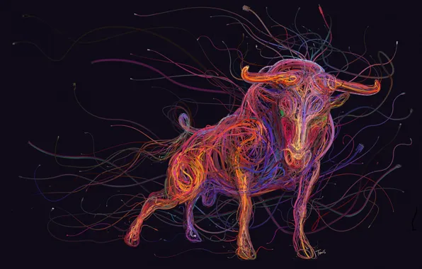 Colorful, animals, art, painting, abstraction, rendering, digital art, bull