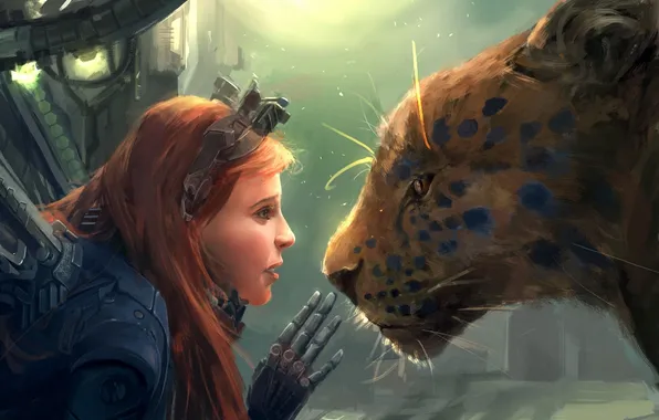 Картинка кошка, девушка, металл, робот, рука, хищник, арт, дикая