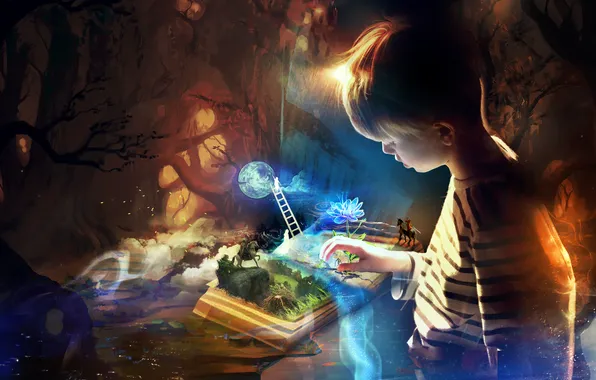 Картинка цветок, фантазия, ребенок, мальчик, лестница, книга, всадник, персонажи