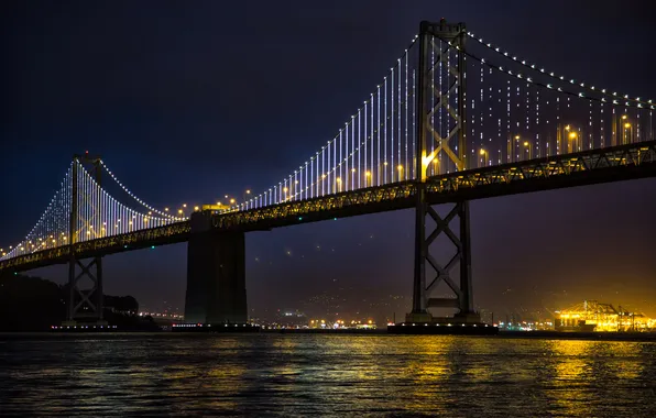 Картинка ночь, мост, город, огни, река, San Francisco, USА, South Beach