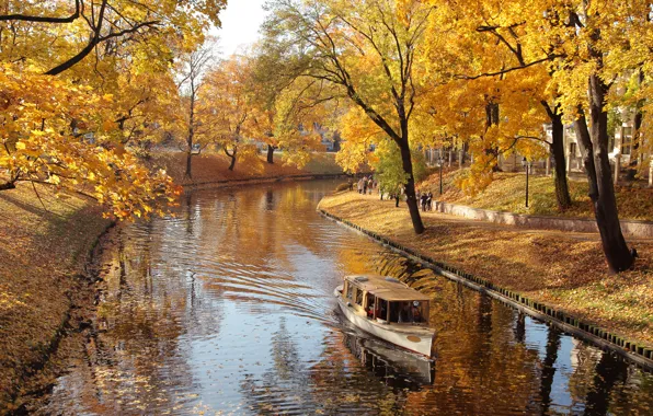 Картинка осень, деревья, природа, парк, река, лодка, листопад, river