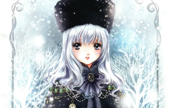 Зима, снег, украшения, шапка, девочка, мех, пелерина, by Shiitake