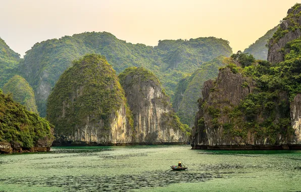 Море, скалы, лодка, бухта, Vietnam, Long Bay