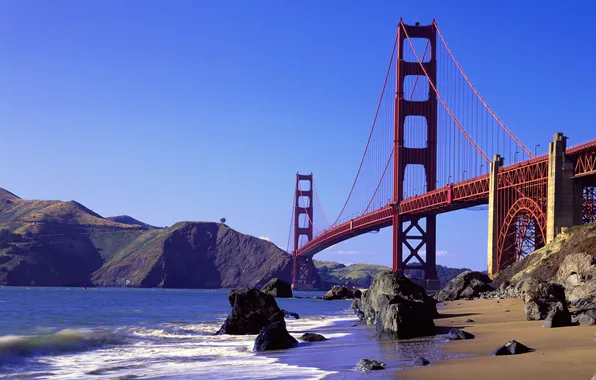 Картинка волны, камни, океан, даль, Мост, Калифорния, чистое небо