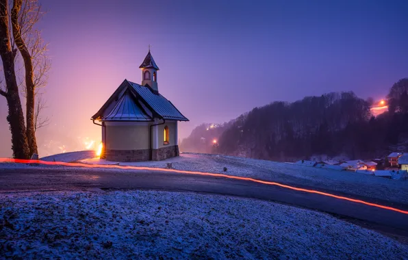 Картинка ночь, Германия, Бавария, часовня, Germany, Bavaria, Berchtesgaden, Берхтесгаден