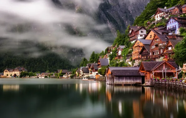 Картинка озеро, дома, Австрия, Austria, Hallstatt, Гальштатское озеро, Гальштат, Lake Hallstatt